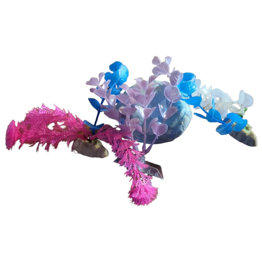 Vtg 4 Piece Aquarium Fish Tank Blue Ceramic Rock Cave Pink Heart Plant White